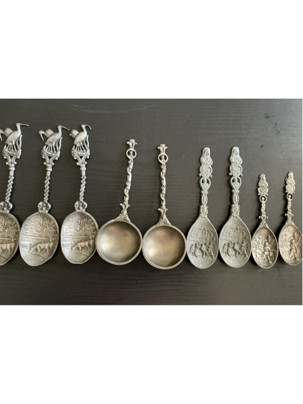 Lot Of 8 Vintage European Figural Pewter Souvenir Spoons Hanau Dutch Style.